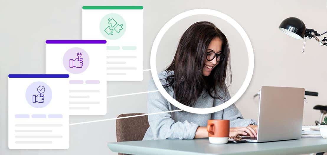 A woman with glasses sits at a desk, typing on a laptop. Three checklist graphics, featuring icons like a thumbs-up and puzzle piece, are overlaid, symbolizing successful task completion. A mug and lamp are on the desk.