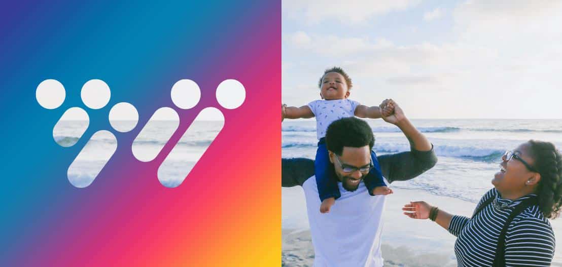 Left side: A colorful gradient background with abstract white shapes. Right side: A happy family at the beach; a man lifting a smiling baby on his shoulder, with a woman laughing beside them. The ocean is in the background.