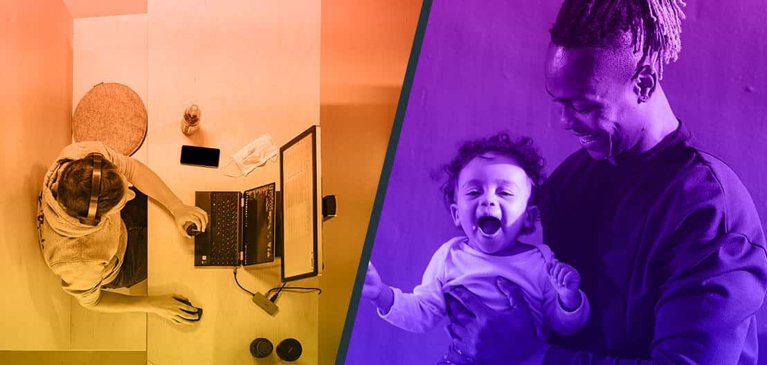Split-screen image: On the left, a person works at a desk with a laptop, phone, and mug in an orange tint. On the right, a person happily holds a laughing baby, both bathed in purple lighting.