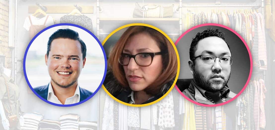 Three individual portraits, each in a colorful circle, embodying hiring potential. The left shows a smiling man in a blue frame. The middle features a serious woman with glasses in yellow. On the right, discover a man with glasses in red, perfect for discerning sales talent insights.