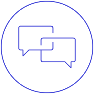 Two overlapping speech bubbles outlined in blue, symbolizing communication, are centered within a fine circular border on a white background.