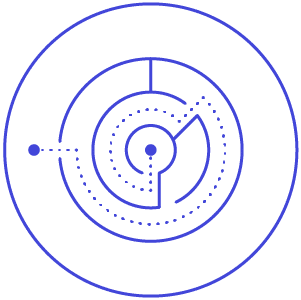 A blue circular labyrinth diagram with dotted and solid lines forming concentric circles and paths, featuring an arrow pointing outward. The design is enclosed within a larger circle.