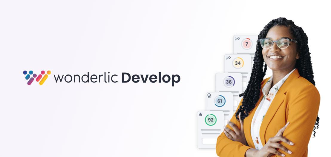 A confident person in a yellow blazer stands with arms crossed, smiling. To the right, colorful numbered icons form a ladder-like pattern. "Wonderlic Develop" is prominently displayed on the left side of the image, emphasizing progress and growth.