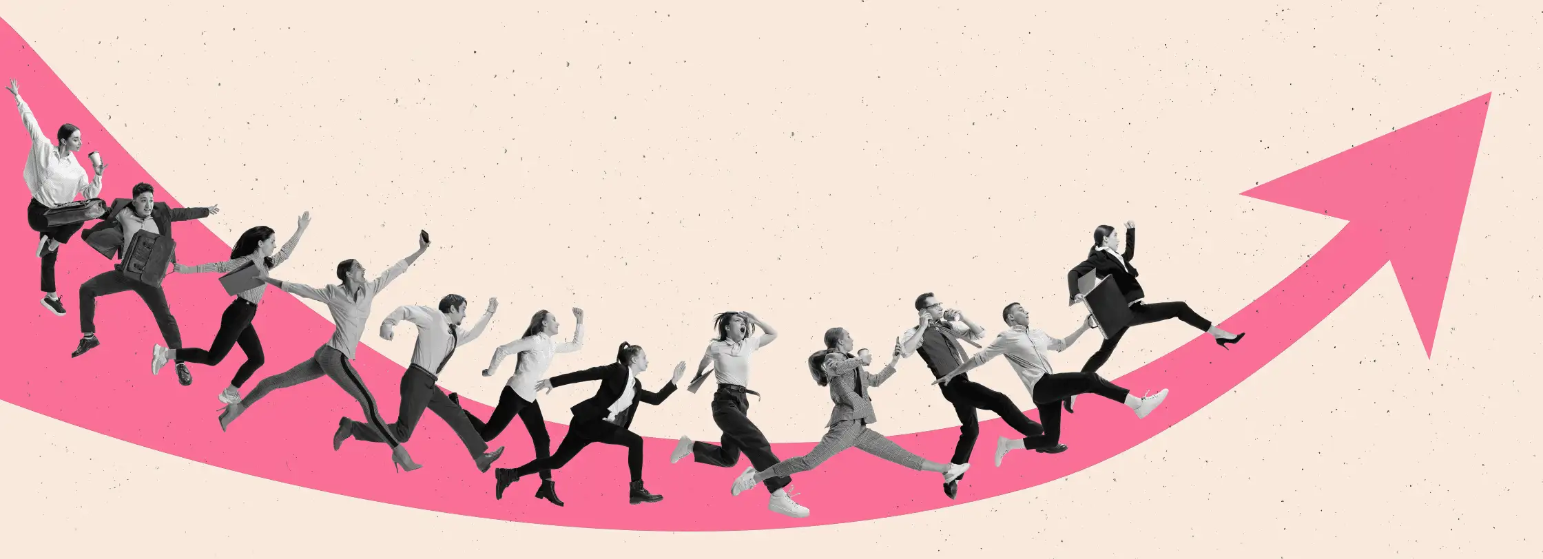 Motivated and concentrated employees running upwards the arrow. Professional growth and promotion