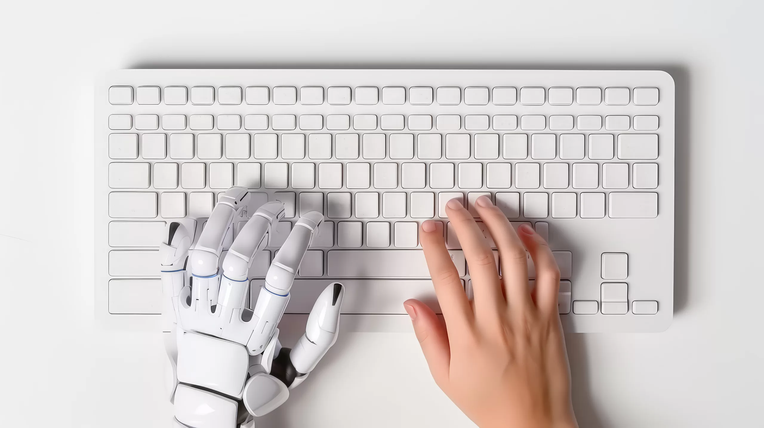 White robot hand and human hand typing and work on Key board , Collaborate work , AI , Artificial intelligence and technology.