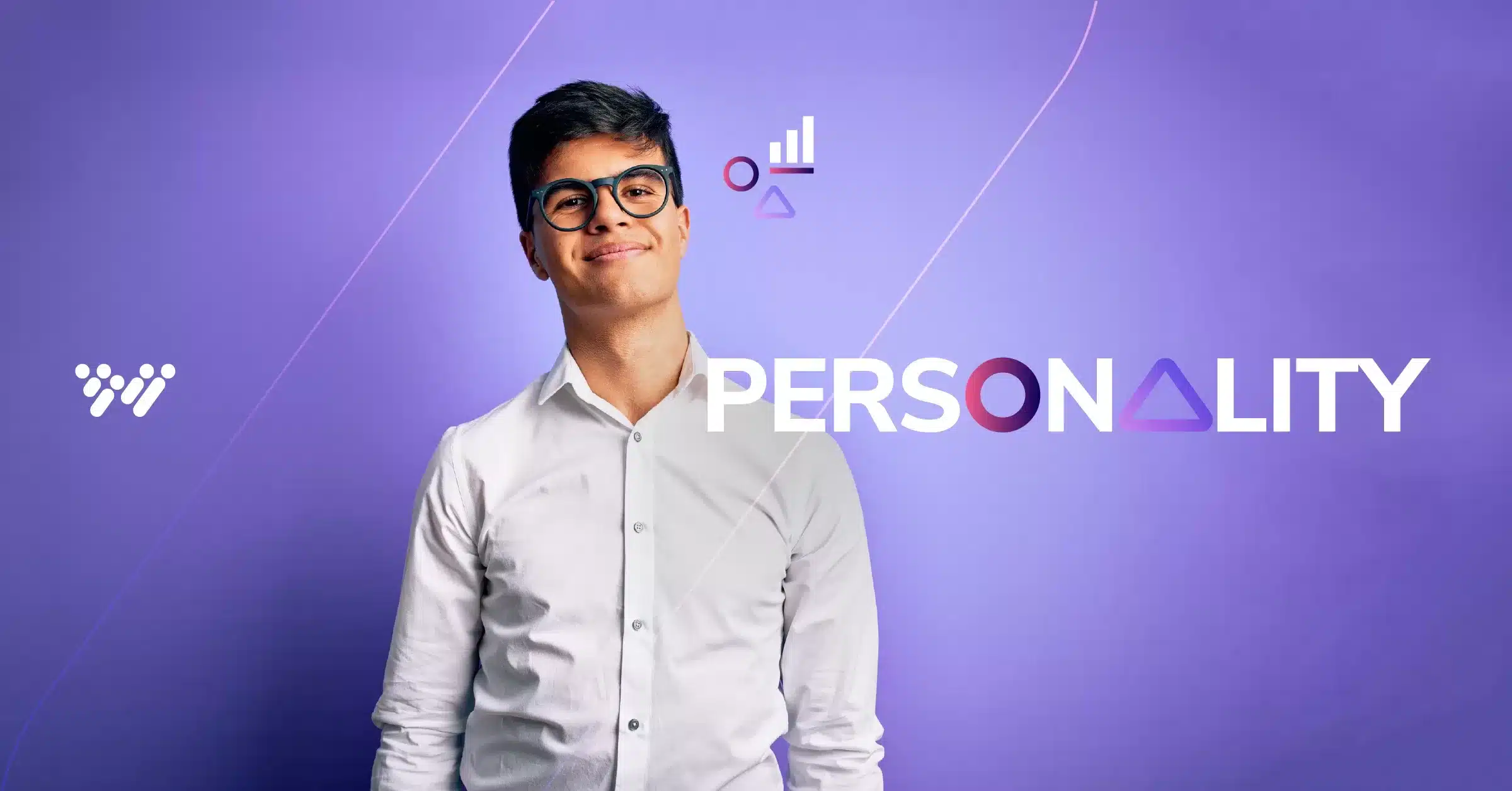 A person wearing glasses and a white shirt stands in front of a purple background with geometric symbols. The word "PERSONALITY" is displayed beside them in bold letters, integrating a circle and a triangle in place of the letters "O" and "A." This vivid scene underscores the importance of personality assessment tests for employment.