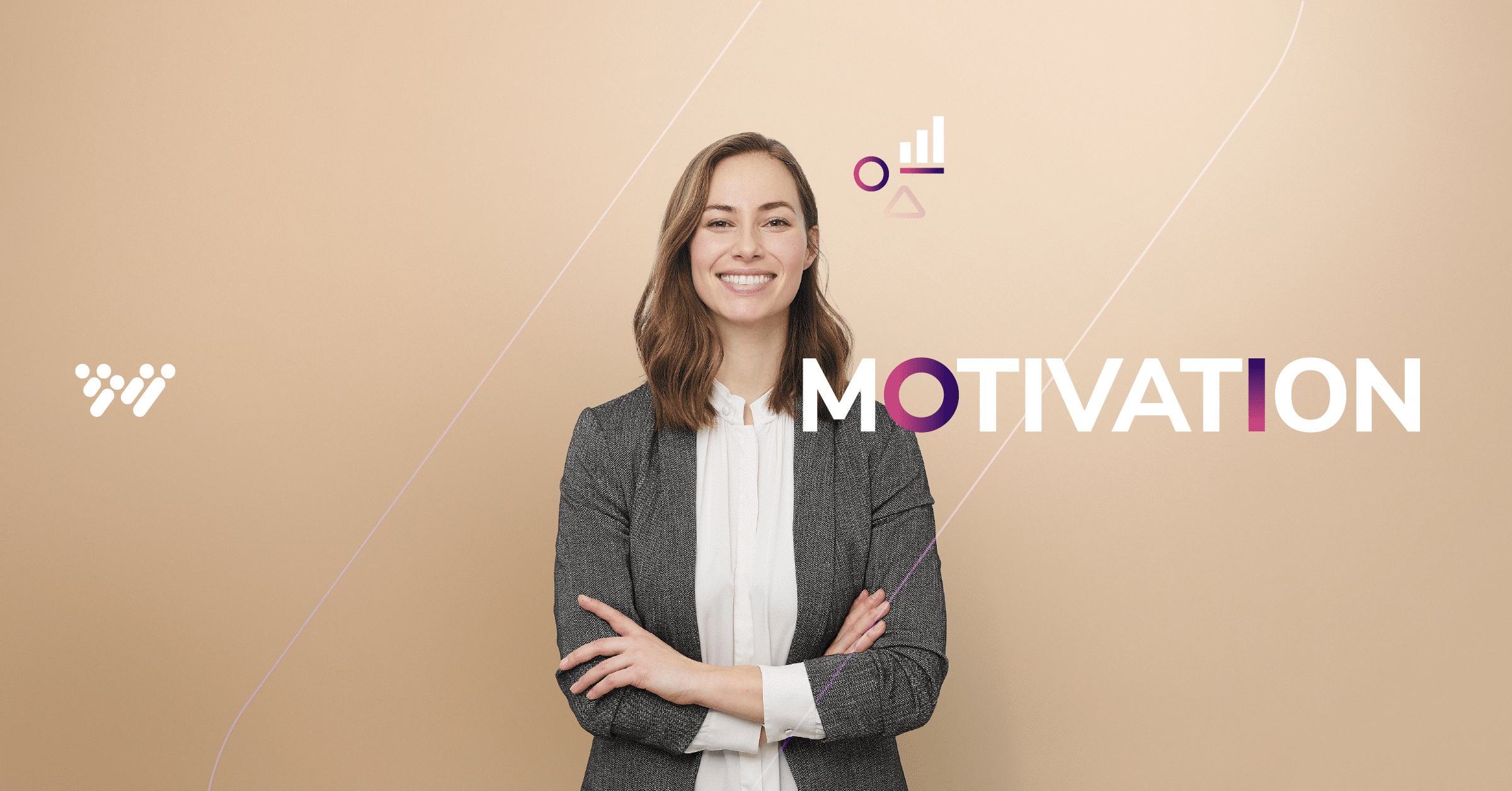 A confident woman with shoulder-length hair stands with arms crossed, smiling. She wears a white blouse and gray blazer. The phrase "MOTIVATION ASSESSMENT FOR EMPLOYEES" is written in white and purple next to her on a beige background, with small icons of a chart and graph above.