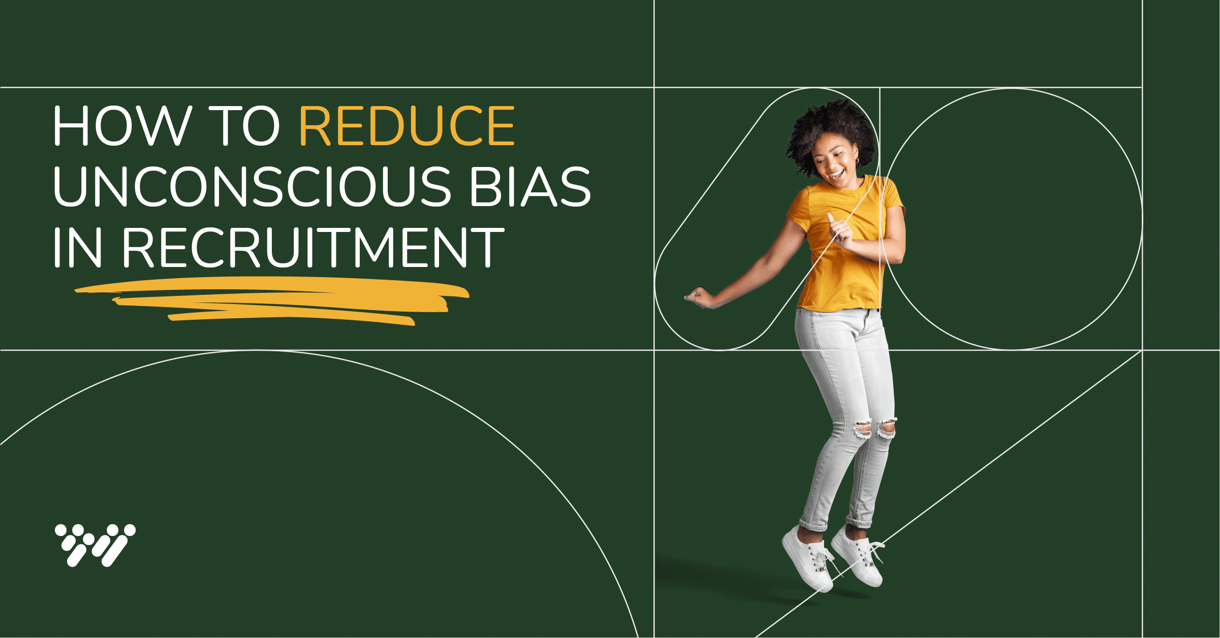 A smiling person in a yellow shirt and white pants dances against a dark green background. The text on the left reads "How to Reduce Unconscious Bias in Recruitment" with abstract white lines and a yellow brushstroke.