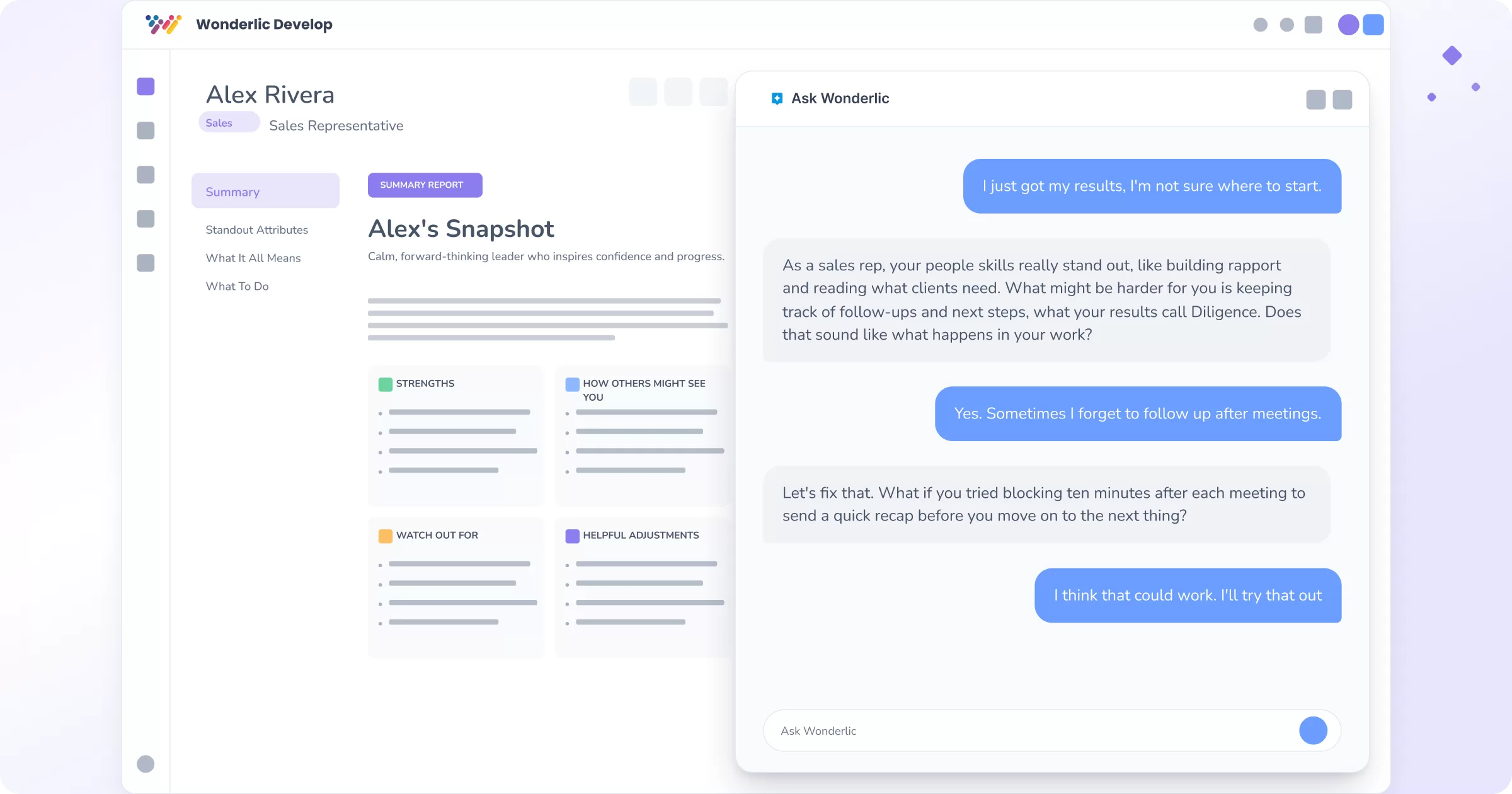 A dashboard shows a profile for Alex Rivera, Sales Representative, with sections on strengths and achievements. A chat window on the right displays a conversation with the ask wonderlic AI coach about improving follow-up habits with personalized guidance.