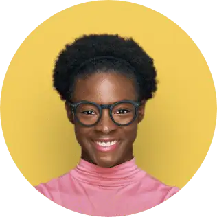 A smiling woman with glasses in a pink turtleneck