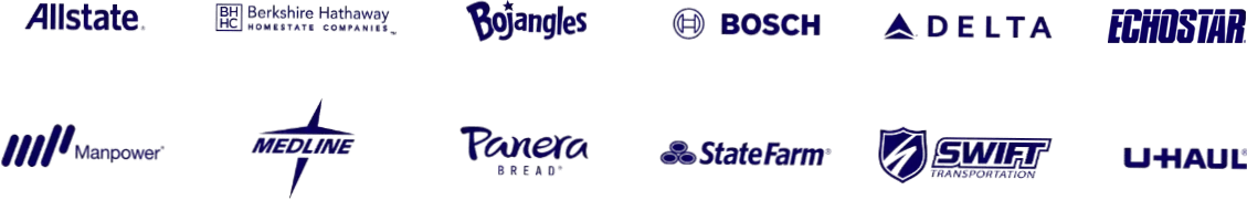 Allstate, Berkshire Hathaway Homestate Companies, Bojangles, Bosch, Delta, EchoStar, Manpower, Medline, Panera Bread, State Farm, Swift Transportation and U-Haul