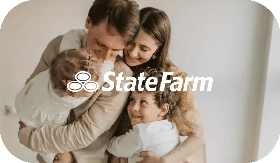The State Farm logo over a photo of a family holding each other