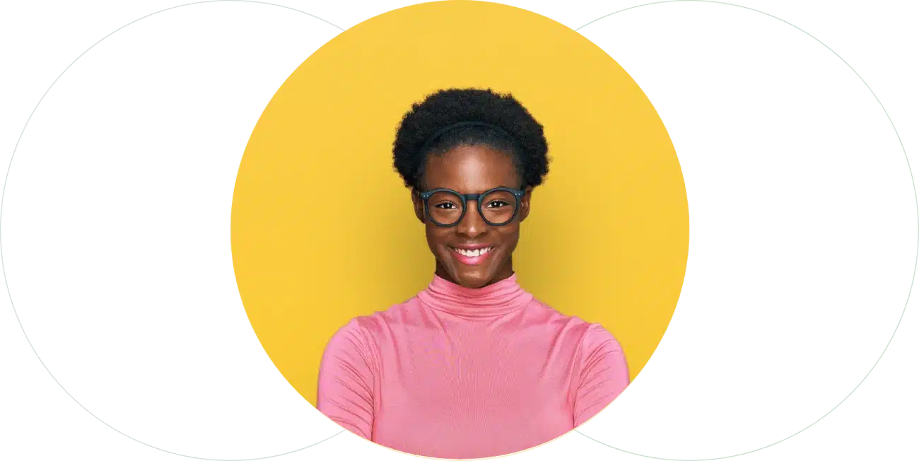 A smiling candidate framed by overlapping circles