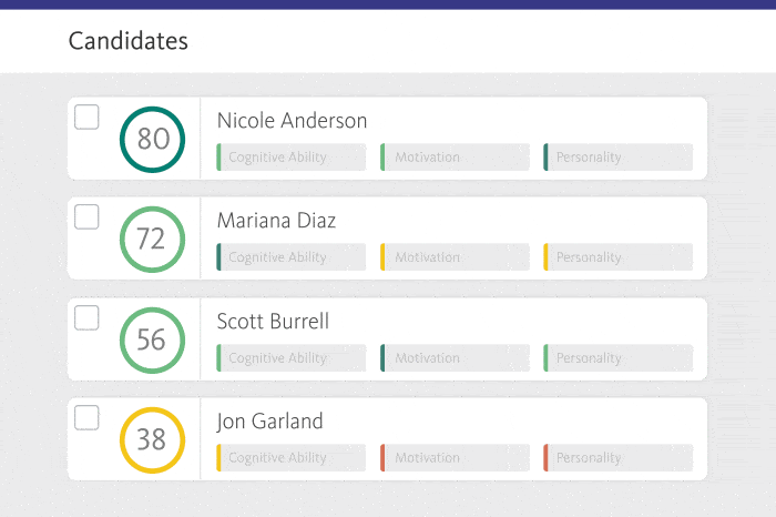 Animation of high-potential candidates surfacing to the top of a shortlist