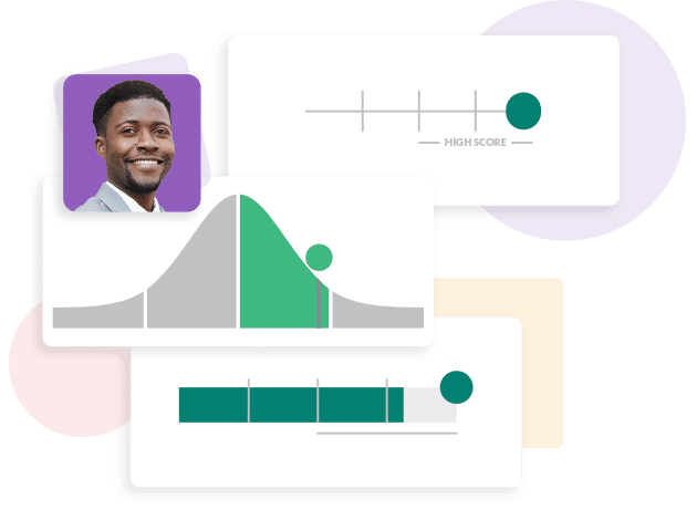 A collage of graphs and charts, including a bell curve, score gauge, and bar chart from a psychometric test, overlaid with an illustrated portrait of a smiling person in a suit. The background features vivid circular shapes.