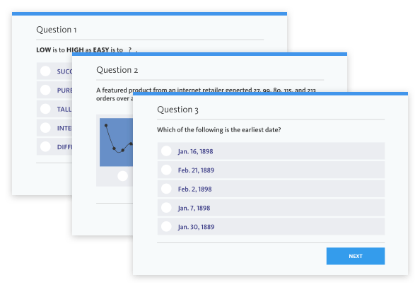 Three overlapping question panels are shown. Each panel contains a question with multiple-choice answers. The visible question asks, "Which of the following is the earliest date?" with multiple dates as options.