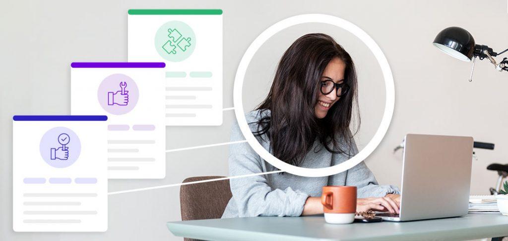 A woman with glasses sits at a desk, typing on a laptop. Three checklist graphics, featuring icons like a thumbs-up and puzzle piece, are overlaid, symbolizing successful task completion. A mug and lamp are on the desk.