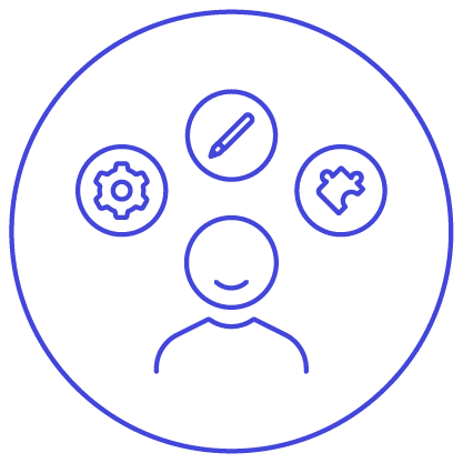 Simple line illustration of a person with three icons above representing a gear, a pencil, and a puzzle piece inside a circle, symbolizing skills or concepts related to planning, creativity, and problem-solving.