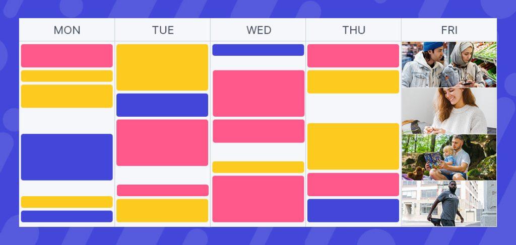 Colorful weekly schedule with columns for Monday through Friday, designed with a four-day work week in mind. Events are marked in blue, yellow, and pink blocks. On Friday, images of people engaged in activities like shopping and reading appear instead of blocks.