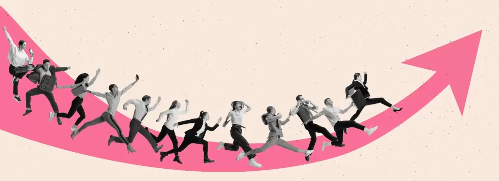 Motivated and concentrated employees running upwards the arrow. Professional growth and promotion