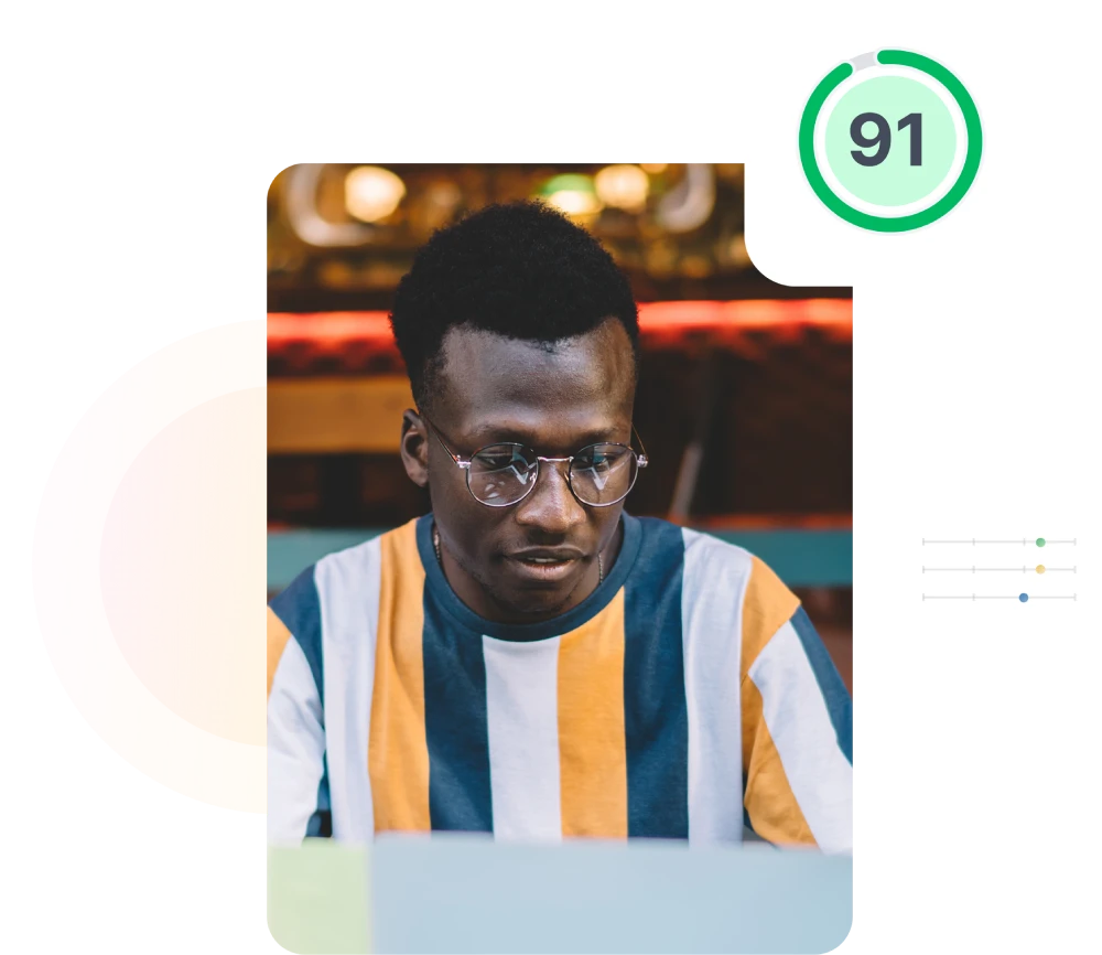 A person wearing glasses and a striped shirt looks intently at a laptop screen in a dimly lit room. The background includes a circular graphic with a green 91 and a small chart, reflecting the data-driven insights crucial for HR tech partnerships.