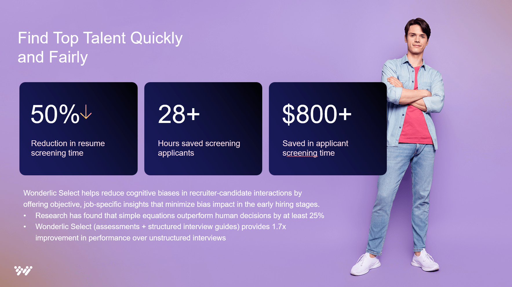 A promotional image for Wunderlic Select featuring a person in a casual outfit, standing on the right with arms crossed. On the left, text highlights an efficient hiring process with benefits including a 50% reduction in resume screening time, 28+ hours saved weekly, and over $800 saved in applicant screening costs.