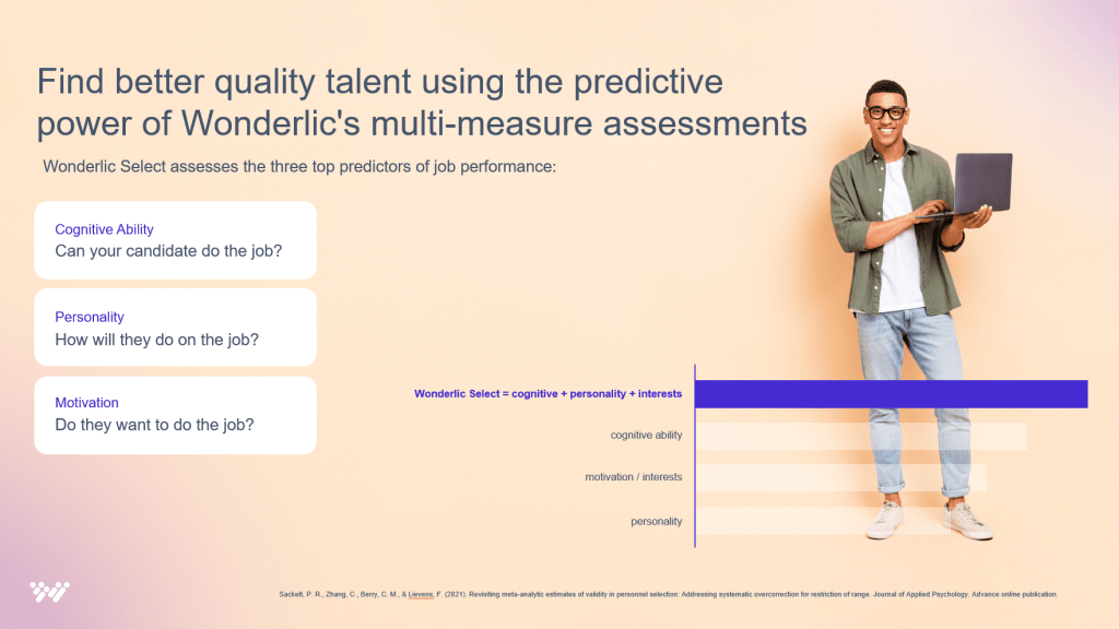 A person in casual attire holds a laptop, standing next to text and a graph promoting Wonderlic's multi-measure assessments for job candidates. The text highlights cognitive ability, personality, and motivation as key job performance predictors, offering efficient recruitment strategies for how to hire faster.