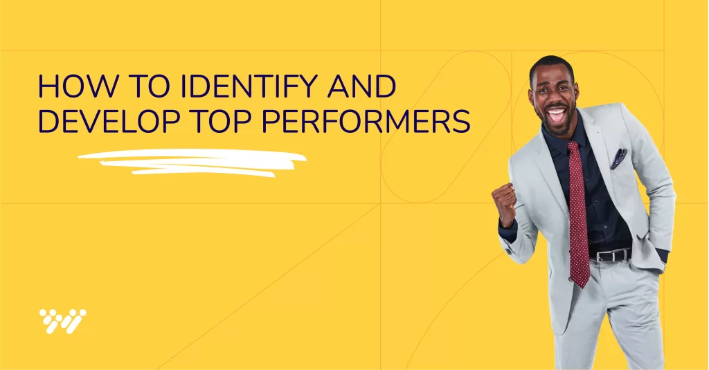 A person in a light gray suit smiles and clenches their fist with enthusiasm next to the text "How to Identify and Develop High Potential Employees" on a yellow background.