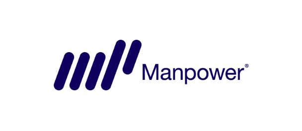 The image shows the logo of Manpower. It features three parallel diagonal lines and a fourth line at a different angle, all in dark blue, followed by the word "Manpower" in matching dark blue text. Get started with a Wonderlic demo to explore their innovative solutions today.