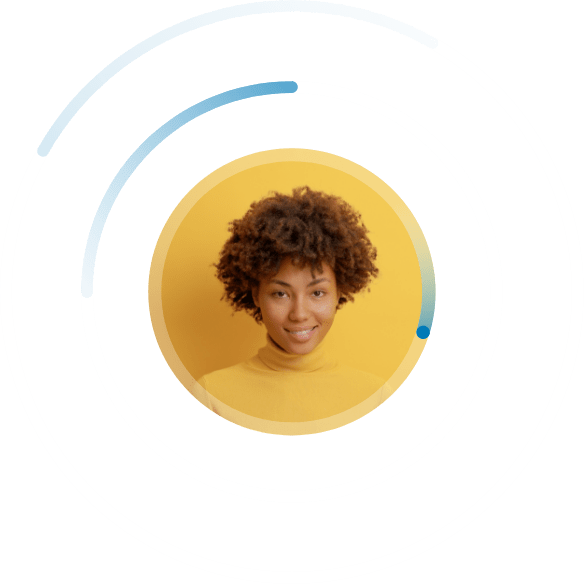 A woman with curly hair wears a yellow top, set against a matching yellow background. A circular white frame surrounds her with light blue progress indicators along the edge of the frame, symbolizing employee development.