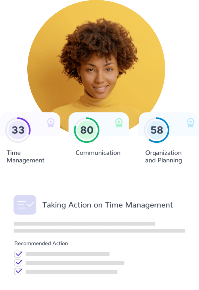 A woman smiling is shown with three performance metrics below: Time Management (33), Communication (80), and Organization and Planning (58). Below these metrics is a recommendation section titled "Taking Action on Time Management" with bullet points, emphasizing the importance of employee development.