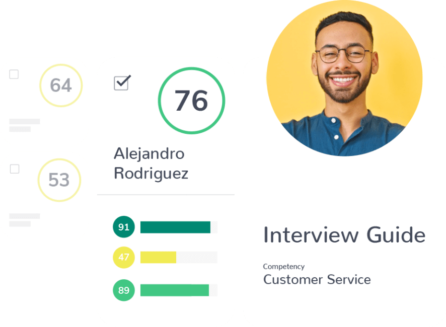 A digital image displaying a man with glasses smiling, along with a series of graphical cards. The cards show two scores (64 and 53), a highlighted score (76) with the name Alejandro Rodriguez, and a bar chart with scores of 91, 47, and 89 for Customer Service in the Hiring Assessment.