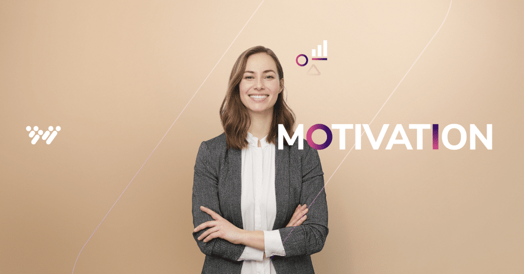 A confident woman with shoulder-length hair stands with arms crossed, smiling. She wears a white blouse and gray blazer. The phrase "MOTIVATION ASSESSMENT FOR EMPLOYEES" is written in white and purple next to her on a beige background, with small icons of a chart and graph above.
