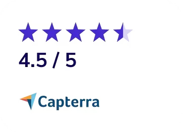 Image showing a 4.5 out of 5 star rating with the Capterra logo below, featuring four full purple stars and one half star on a white background.