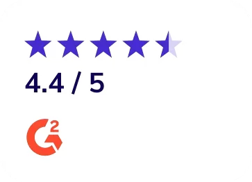 Image showing a 4.5-star rating in purple, with a score of 4.4 out of 5. The G2 logo is at the bottom left.