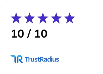 Graphic showing a 5-star rating with the text "10 / 10" above the TrustRadius logo.