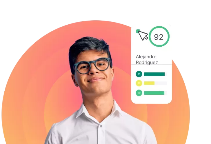 A person with glasses smiles in front of an orange background. A graphic beside them shows a score of 92 with the name "Alejandro Rodriguez" and three progress bars colored in green and yellow, highlighting their impressive performance in the employee assessment.