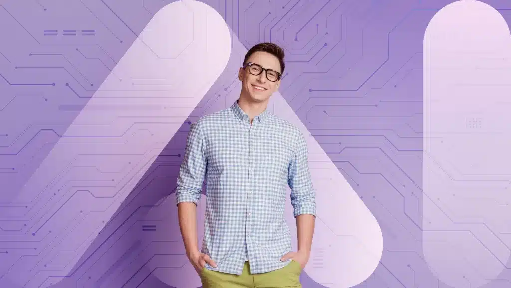 A person wearing glasses and a blue checkered shirt smiles while standing against a purple, circuit-patterned background, embodying the promise of faster hiring with AI.