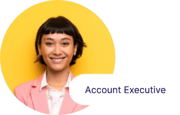 Smiling person with short dark hair wearing a pink blazer over a white shirt, standing against a yellow background. A label beside the image reads "Account Executive.