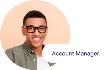 A person wearing black glasses and a green shirt smiles at the camera. The background is peach-colored. A white label with the text "Account Manager" is displayed beside the person.
