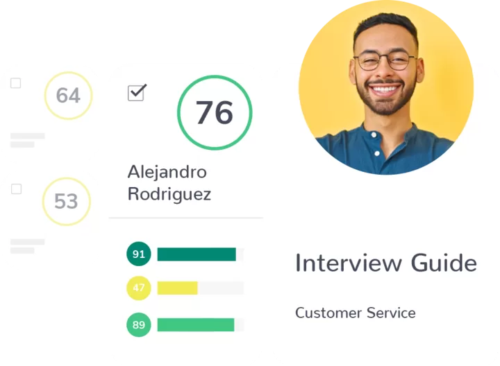 The user interface presents scores: 64, 53, and 76. A circular image shows a smiling person with glasses against a yellow background. Below, the text reads "Alejandro Rodriguez" and "Interview Guide Customer Service." Bars display scores of 91, 47, and 89—an essential part of the Hiring Assessment process.