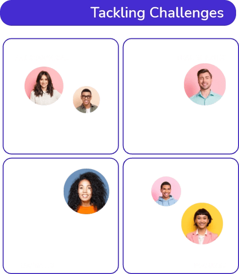 An infographic titled "Tackling Challenges" with four sections: "Philosophical" (two people), "Trailblazing" (one person), "Pragmatic" (one person), and "Focused" (two people). Each section features headshots against colorful backgrounds.