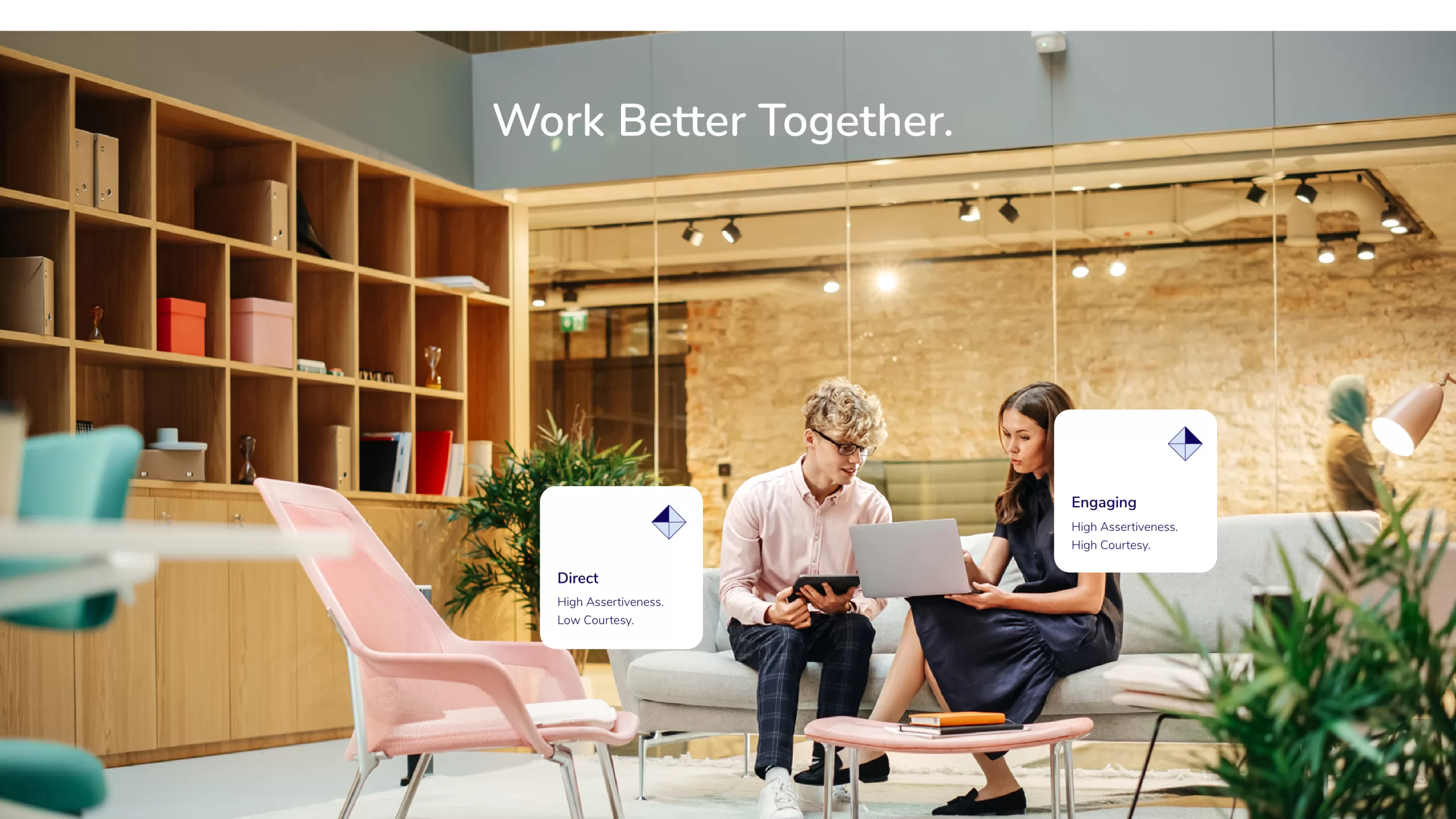 Two people sit on modern chairs in a stylish office space, looking at a laptop and a tablet. Info boxes near them read “Direct: High Assertiveness, Low Courtesies” and “Engaging: High Assertiveness, High Courtesies.”.