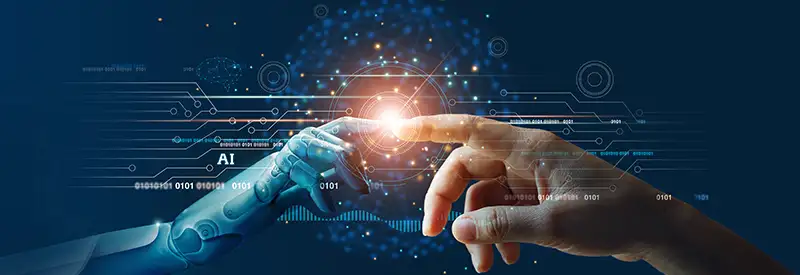 A robotic hand and a human hand reach toward each other, fingertips nearly touching, with glowing digital data and circuits in the background symbolizing team dynamics in AI and human collaboration.