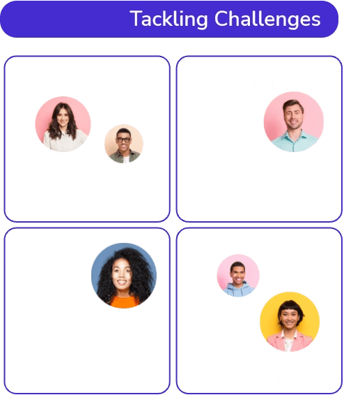 A graphic titled "Tackling Challenges" shows four labeled boxes: Philosophical (two people), Trailblazing (one person), Pragmatic (one person), and Focused (two people), each with headshots of diverse individuals.