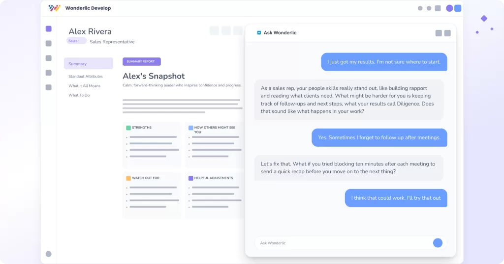 A dashboard shows a profile for Alex Rivera, Sales Representative, with sections on strengths and achievements. A chat window on the right displays a conversation with the ask wonderlic AI coach about improving follow-up habits with personalized guidance.