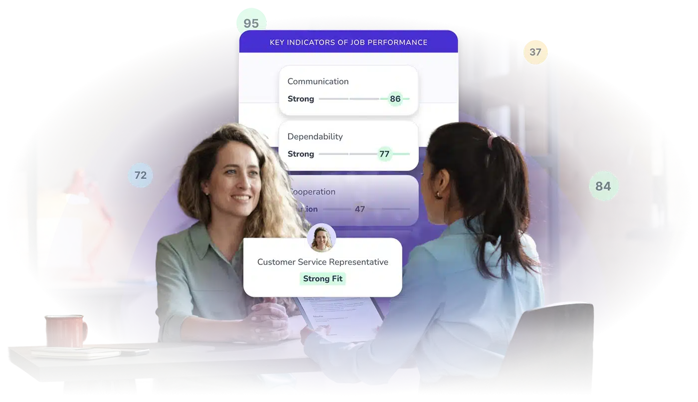 Two women sit across a table, discussing a document. Overlaid graphics display job performance indicators from a pre employment assessment, including communication and dependability scores, labeled “Customer Service Representative, Strong Fit.”.