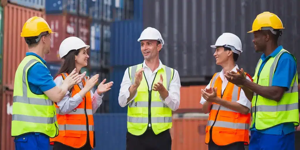 Five construction workers wearing safety vests and helmets stand outside, smiling and clapping with stacked shipping containers in the background—a testament to strong team morale and unity, which can help reduce the cost of employee turnover.