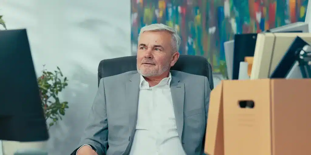 An older man with gray hair and a beard, wearing a gray suit, sits in an office chair near a cardboard box and computer, appearing thoughtful—perhaps contemplating voluntary vs involuntary turnover. Colorful abstract artwork hangs on the wall behind him.